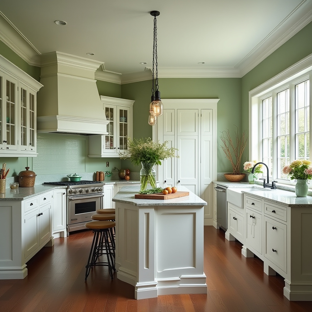 Sage green kitchen walls white cabinets 38