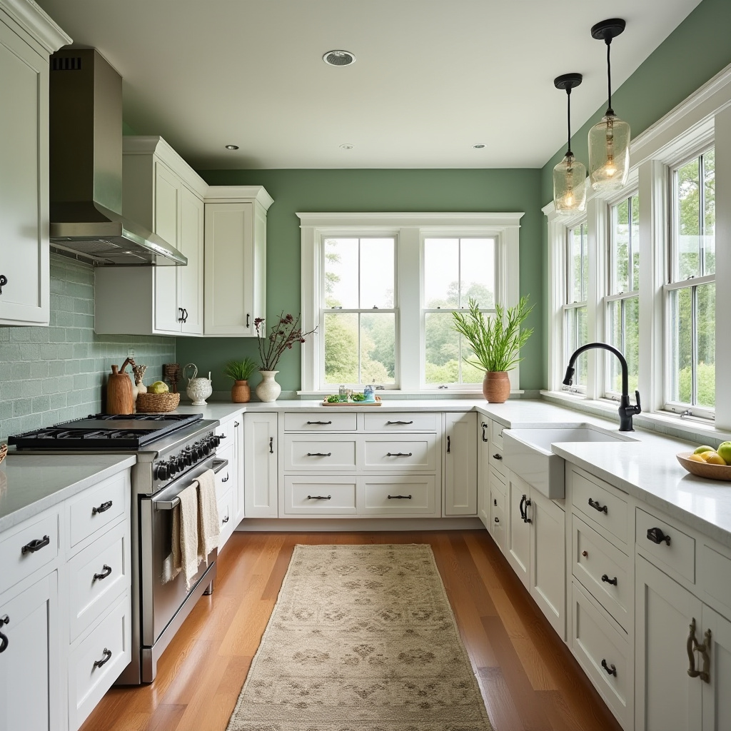 Sage green kitchen walls white cabinets 40