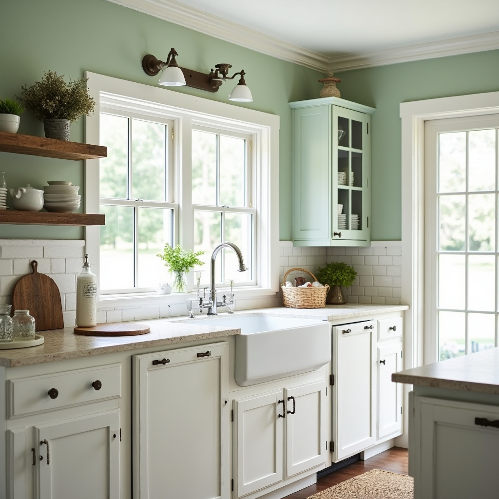 Sage green kitchen walls white cabinets 6